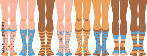 Illustrated legs showcasing various skin tones and unique sock designs featuring hearts and polka dots