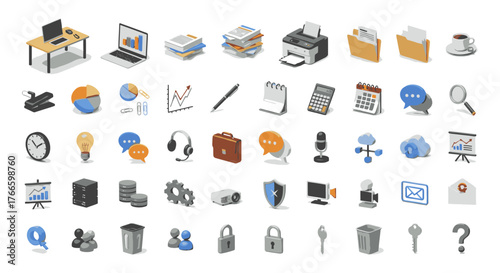 Collection of various office and business related icons, including computer, documents, and tools.