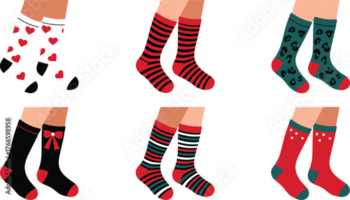 Illustration of Colorful and Patterned Socks on Legs, Set of Six Different Styles