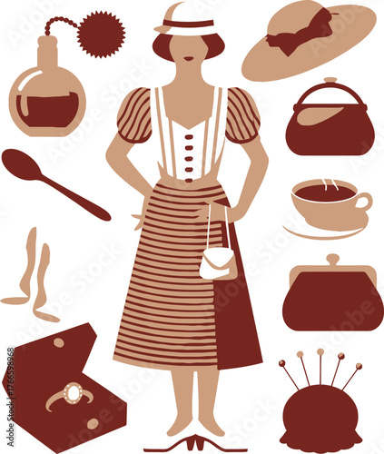 Illustrated Woman in Vintage Dress with Hat, Perfume, Purse, Jewelry, Shoes, and Coffee Cup