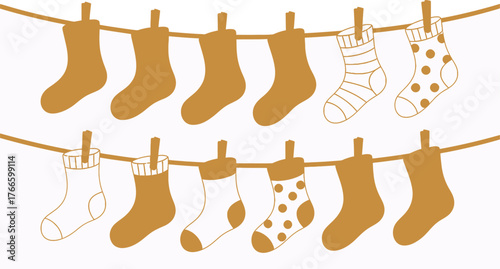 Illustration of Gold Socks Hanging on Clothesline with Clothespins, Displaying Polka Dots and Stripes