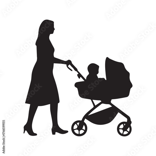  Black silhouette of a woman pushing a baby stroller from different silhouette on white background.