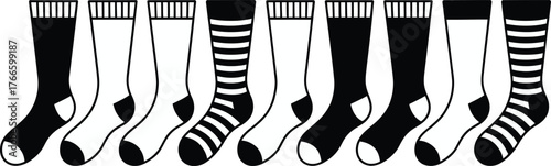 Illustration of Nine Long Socks in Black and White with Stripes Detail