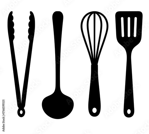 Kitchen utensil silhouettes vector set, cooking and baking tools icons graphic design elements