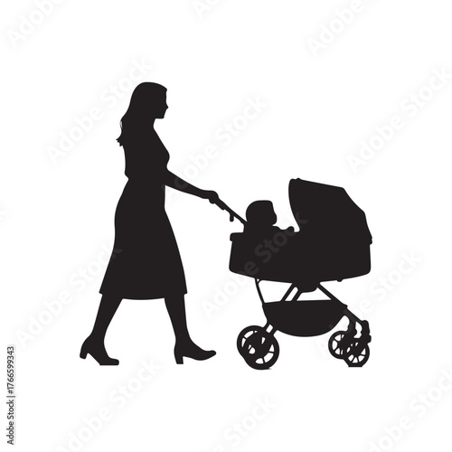  Black silhouette of a woman pushing a baby stroller from different silhouette on white background.