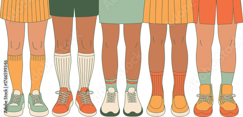 Legs in Skirts, Shorts, Socks, and Sneakers Diverse and Colorful Fashion Illustration