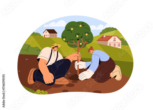Happy farmers plant sprout, seedling together. Farm workers care about garden, orchard. People work in village, countryside, growing sapling of fruit trees. Flat isolated vector illustration on white