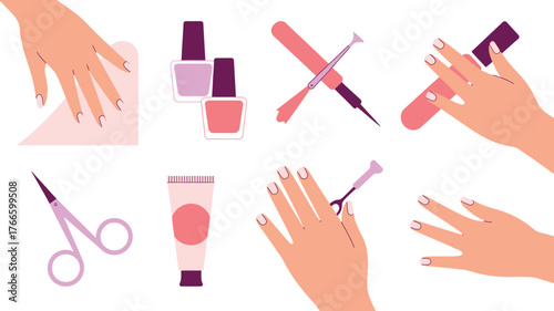 Manicure Illustration Featuring Nail Polish, Files, Scissors, Cream, and Hands on a White Background