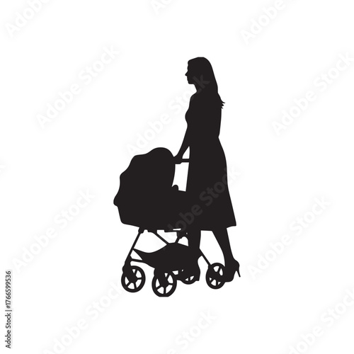 Black silhouette of a woman pushing a baby stroller from different silhouette on white background.