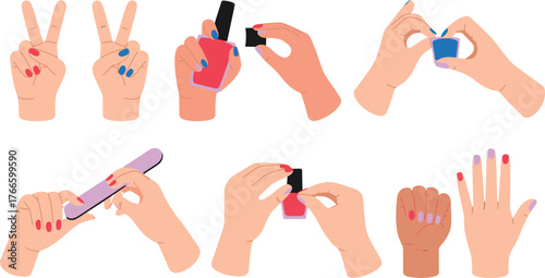 Manicure Process Illustration Hands Filing, Painting Nails with Red and Blue Polish, Peace Sign Gesture
