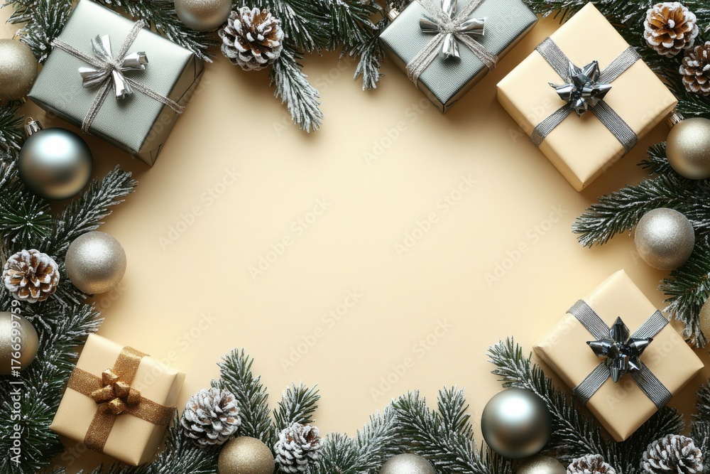 Obraz premium Gift-Wrapped Cheer: A festive array of beautifully wrapped gifts nestled among evergreen branches and glistening ornaments, all arranged in an elegant composition.