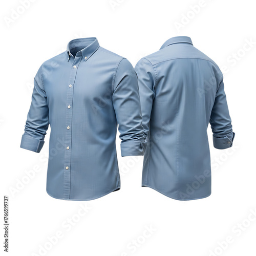 Elegant light blue button down dress shirt shown from front and back, perfect for professional and casual wear.