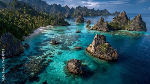 Fototapeta Naklejka Na Ścianę i Meble -  A breathtaking aerial drone view of Raja Ampat islands, capturing turquoise waters, lush green islets, vibrant coral reefs, and pristine natural scenery