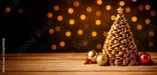 Christmas tree made of stacked coins with festive ornaments and warm golden lights, symbolizing holiday savings, wealth, and financial prosperity.