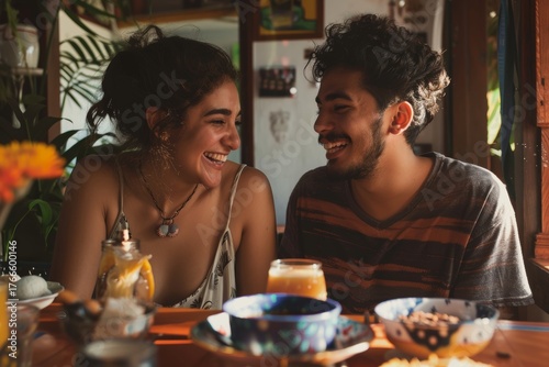 Portrait of a joyful latino couple in their 20s having breakfast together