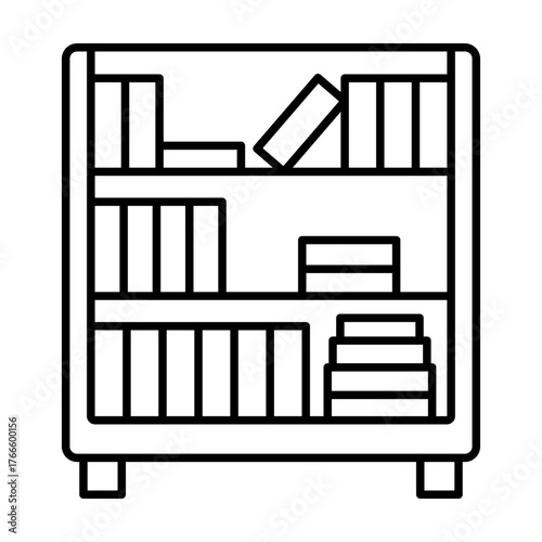 (Editable Stroke) Adobe Illustrator Artwork, Premium Quality Line Art Design - Bookshelf illustration showcasing organized books on multiple shelves.