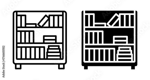(Editable) Adobe Illustrator Artwork, Premium Quality Line Art and Silhouette (Pack) - Bookshelf shelf Bookcase Icon Set Depicting a Furniture Piece for Organizing Literature in Two Styles.