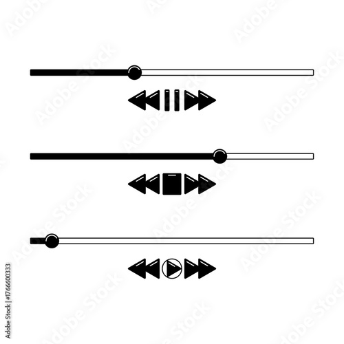 Media player playback panel interface templates. In black colors. Vector illustration.