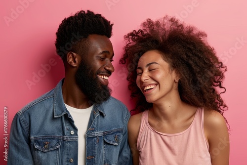 Portrait of a grinning multiethnic couple in their 30s exchanging glances