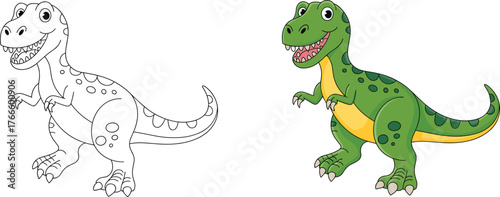 Cartoon dinosaur illustration, Tyrannosaurus rex drawing, prehistoric animal artwork, children’s coloring page, friendly dinosaur, vector design, kids education, fun, playful