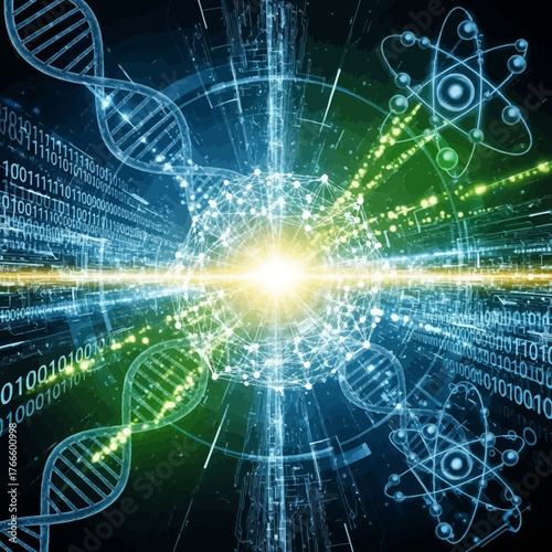 Explore the future of science, technology, and life with dynamic DNA, atomic models, and glowing digital networks