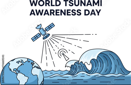 World tsunami awareness day illustration with globe, satellite, wave, and signal