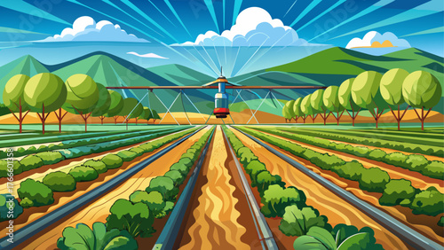 Very beautiful, a field irrigation sprinkler system waters rows of lettuce crops on farmland in the Salinas Valley of central California, Monterey County, on a partly cloudy day with vibrant green 