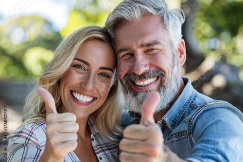 Portrait of a grinning caucasian couple in their 40s showing thumbs up