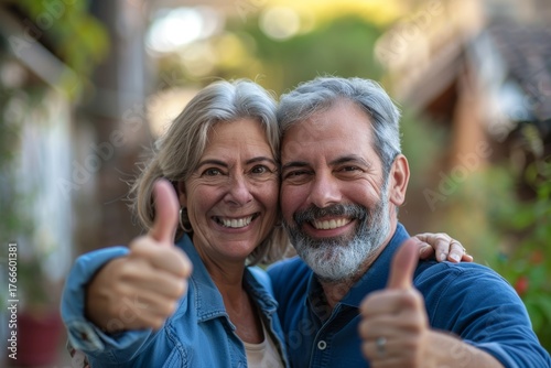 Portrait of a grinning caucasian couple in their 40s showing thumbs up