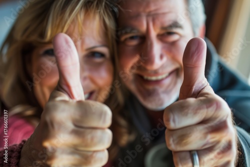 Portrait of a grinning caucasian couple in their 40s showing thumbs up