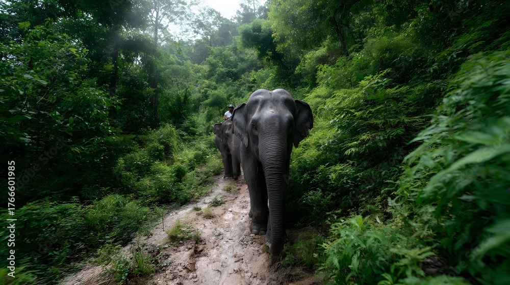 Obraz premium Elephants with riders trek along a muddy jungle path surrounded by lush green vegetation