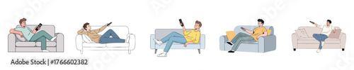 Casual Man Relaxing on Couch Holding Remote Control Flat Vector Illustration