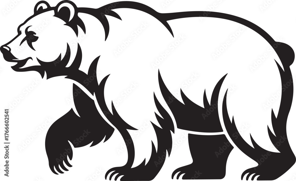 Fototapeta premium Bear Silhouette Walking Side View Wild Animal Dangerous Mammal Black and White Illustration
