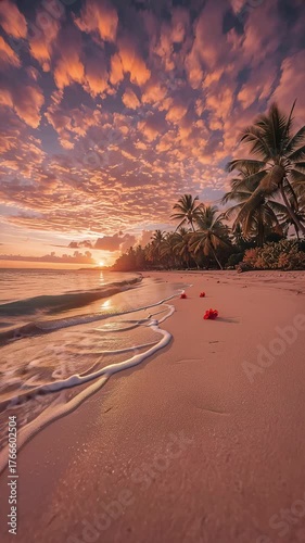Sunset at the beach with vibrant flowers and palm trees creating a peaceful atmosphere