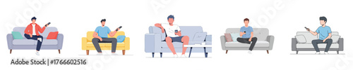 Casual Man Sitting on Couch Holding Remote Control - Flat Design Vector Illustration