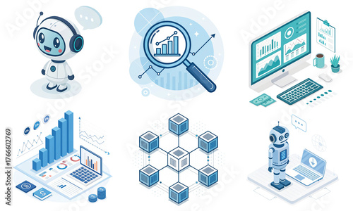 A collection of digital illustrations featuring a robot character, data charts, analytics visuals, and a computerized workspace.