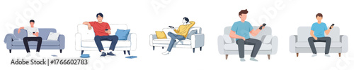 Home Lifestyle Man Sitting on Sofa with Remote Control - Flat Design Vector Illustration
