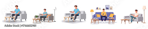 Man Sitting on Sofa Holding Remote Control Watching TV in Modern Living Room Vector Illustration