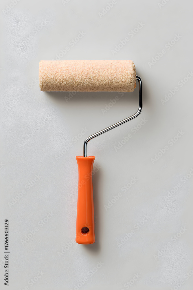 Obraz premium Roller brush rests on a light gray surface, ready for painting projects in a home or office setting