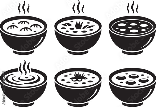 Assorted Soup Bowls Illustrations Set: Collection of Culinary Icons in Silhouette Style
