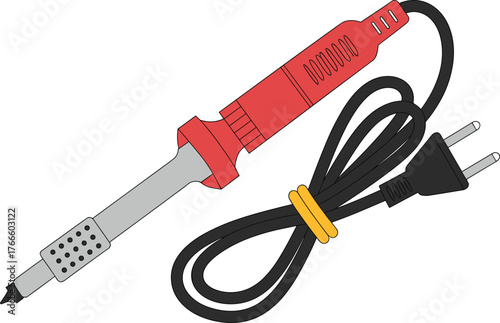 Electric soldering iron illustration, red handle tool, electronics repair equipment, DIY device, heat tip, engineering tool, vector, education, work, design