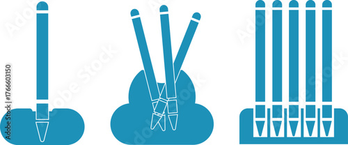 Pencils and stickers for drawing, pencil and pen stands, pencil case for artists, simple vector icons