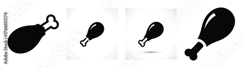 chicken drumstick minimal icon set, black color and white background