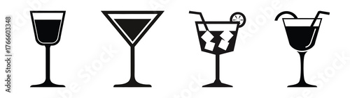 cocktail minimal flat icon set, black color and white background