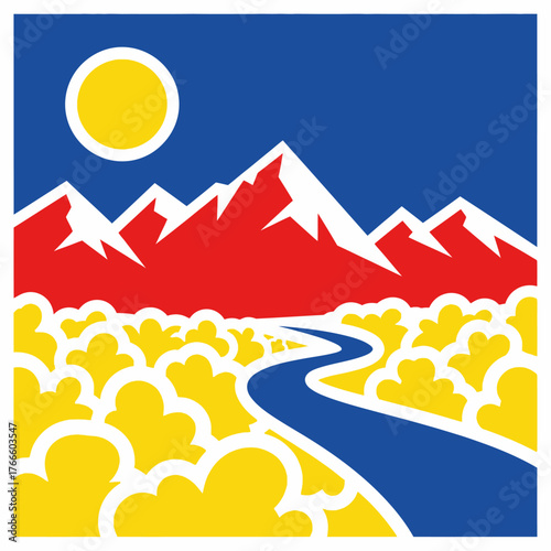 Vibrant stylized mountain landscape with winding river under bright sun and clear blue sky, evoking adventure and natural beauty