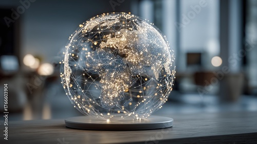 Digital holographic world map with glowing network connections, concept of global communication, data and technology background