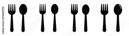 fork and spoon icon set, black color and white background