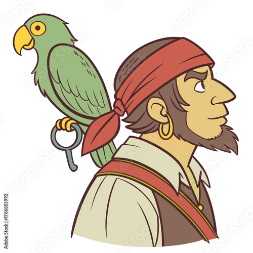 Cartoon pirate with a green parrot on his shoulder wearing a red bandana and gold earring