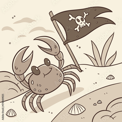 Cute cartoon crab holding a pirate flag on a sandy beach with shells
