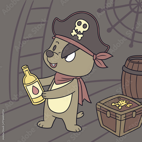 Cute cartoon dog pirate holding a bottle of rum on a ship with treasure chest and barrel